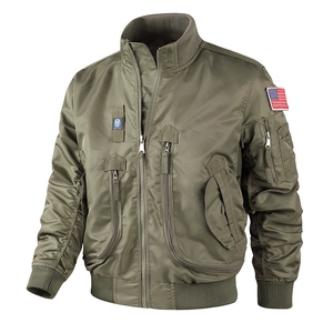 Olive green MA-1 bomber jacket with tactical zip pockets and American flag patch