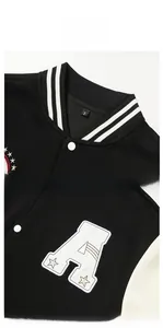 Detail of the embroidered letter A and ribbed collar on a classic varsity jacket