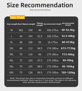 Detailed size chart for men's casual jacket showing length, chest, and height guide