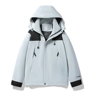 Outdoor hooded windbreaker jacket with grey and black patchwork and zip pockets