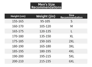 Size chart table for men's outdoor jacket showing height and weight recommendations from S to 6XL