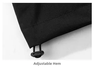 Detail of the adjustable drawstring hem and plastic buckle on this black outdoor jacket