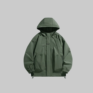 Olive green hooded waterproof outdoor jacket with fashion sports print and tech fabric