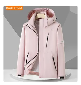 Detailed view of pink outdoor windproof jacket with zip pockets and hooded design