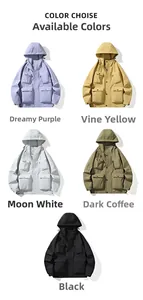 Macro view of water-resistant multi-pocket cargo jacket fabric in various colors
