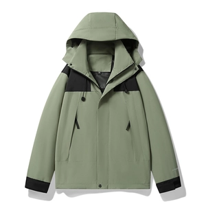 Men's outdoor windbreaker jacket in bean green and black colorblock with hood