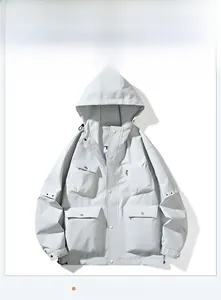 Light gray techwear hooded jacket featuring multiple functional flap pockets and drawstring