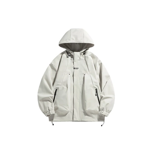 Waterproof off-white hooded windbreaker jacket with fashion sports print and drawstrings