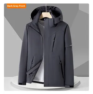 Front view of a dark grey men's hooded outdoor jacket with windproof fabric
