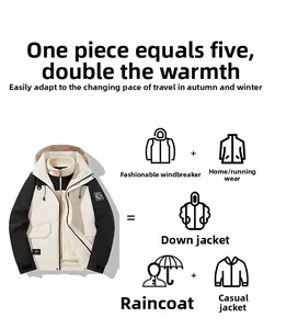 Three-in-one waterproof outdoor jacket detail showing versatile multi-functional design features