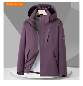 Detailed front view of deep purple waterproof windbreaker with adjustable cuffs and hood