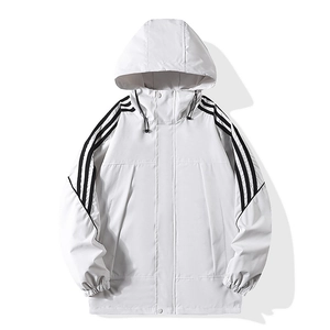 White waterproof hooded jacket featuring classic black stripes and windproof athletic design