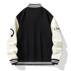 Classic black and white contrast bomber jacket with back embroidery and striped ribbing