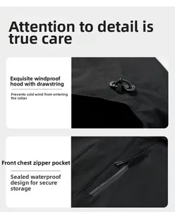 Detail view of windproof hood drawstring and waterproof taped zipper pocket on black jacket