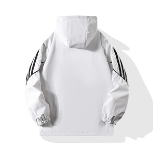 White waterproof hooded jacket featuring signature black triple stripes on sleeves