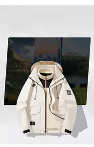 Detail view of water-resistant outdoor jacket with detachable black fleece liner