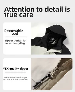 Detail of detachable hood and YKK waterproof zipper on outdoor mountain jacket