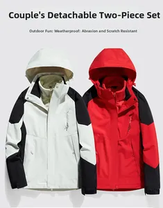 Detail of 3-in-1 waterproof jacket with detachable fleece liner and outdoor sport logo