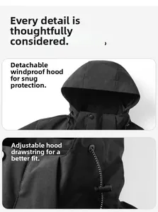 Detail view of the black outdoor jacket featuring a detachable hood and adjustable drawstrings