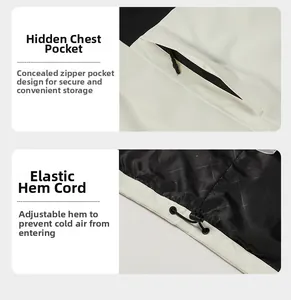 Detail showing the hidden zippered chest pocket and adjustable drawstring hem of the jacket