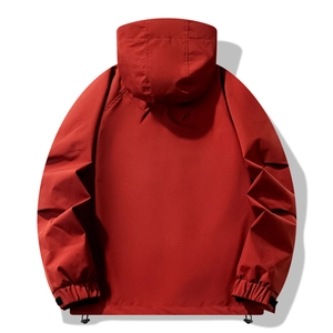 Back view of a dark red hooded windproof outdoor jacket with adjustable velcro cuffs