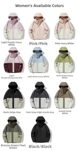 Grid display of waterproof hooded jackets in eleven vibrant color options for women