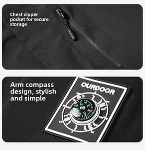 Detail of outdoor jacket with chest zipper pocket and compass badge on sleeve
