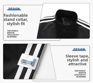 Macro detail of high collar and sleeve stripes on a black athletic zip jacket