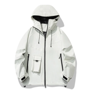 Men's hooded windbreaker in solid white featuring black contrast zippers and cargo pockets
