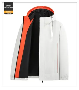 Front view of an off-white windbreaker jacket with orange lining and elastic cuffs