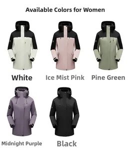 Detail view of multi-color women's outdoor jackets showing waterproof fabric and hooded design