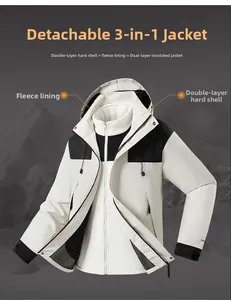 Three-in-one outdoor jacket detail with detachable fleece liner and waterproof shell