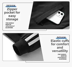 Detail of zippered pocket for smartphone and elastic ribbed cuffs with white stripes