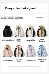 Detail grid of multi-pocket waterproof outdoor jackets in eight available colors