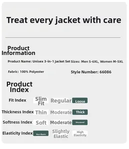Sizing and specs for 3-in-1 winter jacket with 100% polyester fabric and detachable liner
