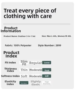 Detailed chart showing 100% polyester 3-in-1 outdoor jacket specifications and size range