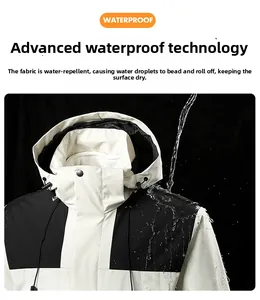 Detail showing waterproof technical fabric with water droplets on outdoor jacket