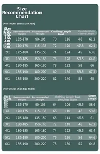 Size chart for men's 3-in-1 hiking jacket showing outer shell and inner fleece measurements