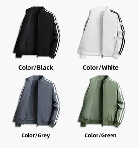 Detail view of men's stand collar jackets in black, white, grey, and green color options