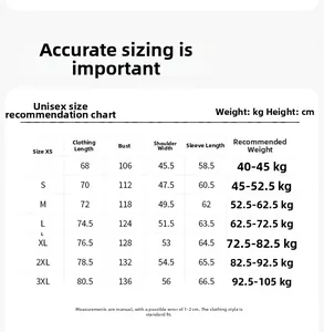 Detailed size chart for outdoor jackets showing length, chest, shoulder, and sleeve measurements