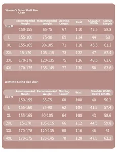 Detailed size chart for women's 3-in-1 detachable waterproof hiking jacket in pink