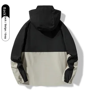 Back view of a 3-in-1 outdoor hooded jacket in black and beige windproof fabric