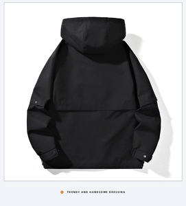 Back view of a black hooded windproof jacket with adjustable cuffs and trendy cargo style