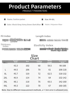 Men's winter jacket size chart with shoulder, chest, and length measurements in centimeters