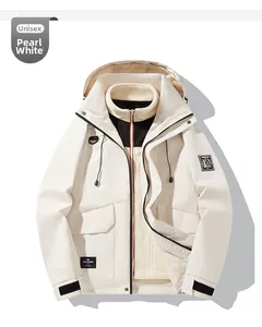 Detail view of pearl white 3-in-1 outdoor jacket with fleece liner and hood