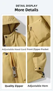 Detail view of yellow windbreaker featuring adjustable hood, zipper pockets and drawstring hem