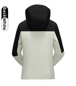 Back view of a 3-in-1 waterproof hiking jacket in black and white minimalist design