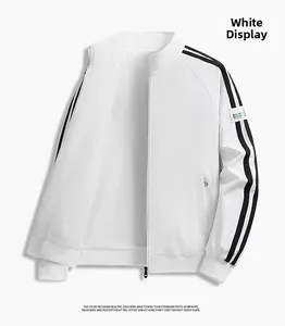 Close-up of white sports jacket with black sleeve stripes and ribbed stand-up collar