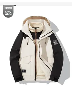 Detail view of unisex ivory white and black three-in-one outdoor hooded waterproof jacket
