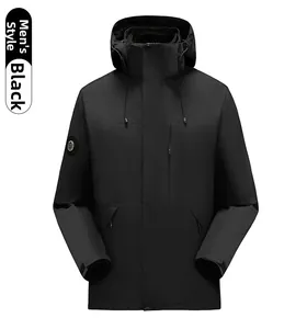 Detail of men's black waterproof jacket showing adjustable hood and zippered pockets